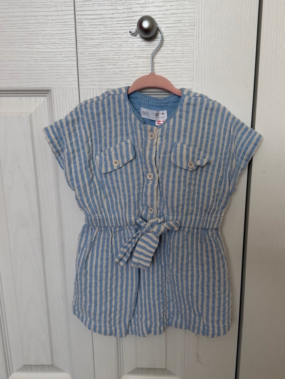 Zara Blue & White Striped Tie-Waist Kids Top
